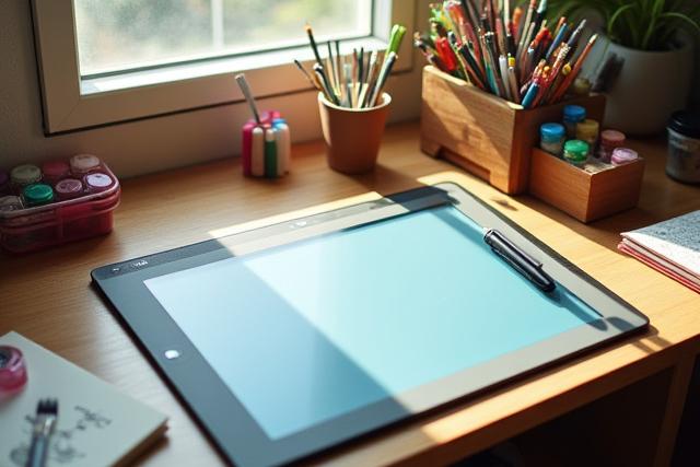 Richard T Davis's art desk with a digital tablet and colorful art supplies.