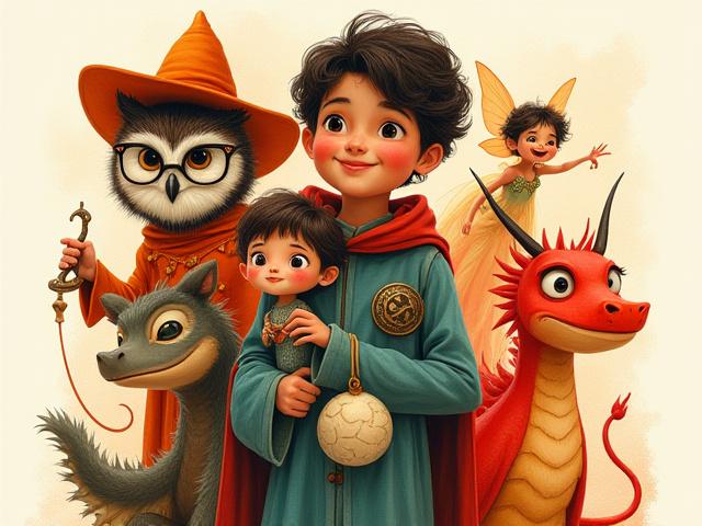 A vibrant collage of diverse and expressive storybook characters, including a wise owl, a brave knight, a mischievous fairy, and a friendly dragon, all rendered in a whimsical illustration style by Richard T Davis.