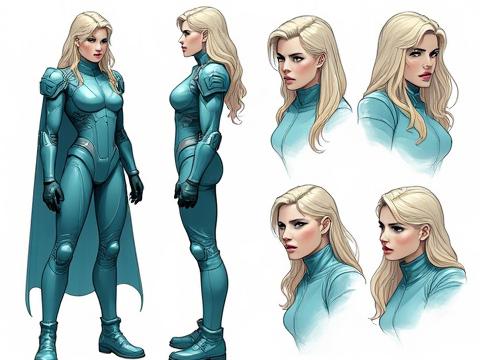 Character sheet for Captain Stellaris, a futuristic space hero for a graphic novel, displaying various tech gadgets and expressions.