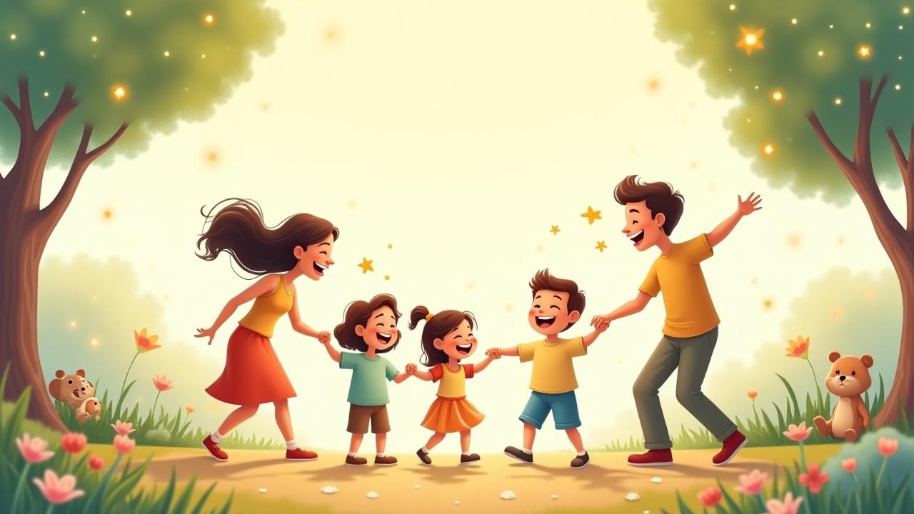 A whimsical illustration of a diverse family laughing and playing in a park