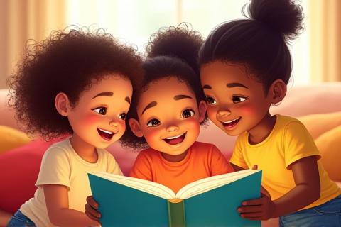Illustration of a joyful child with a hearing aid reading a book with friends of various ethnicities.