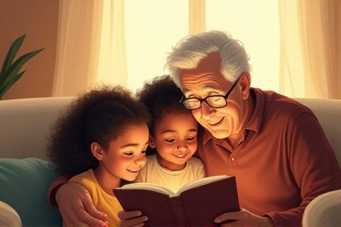 Illustration of grandparents and grandchildren of different races reading together.