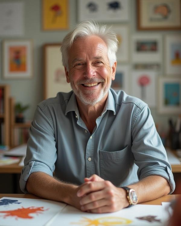 Richard T Davis, a friendly illustrator smiling in his art studio surrounded by whimsical drawings