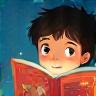 Child reading a magical book with characters illustrated in Richard T Davis' whimsical style