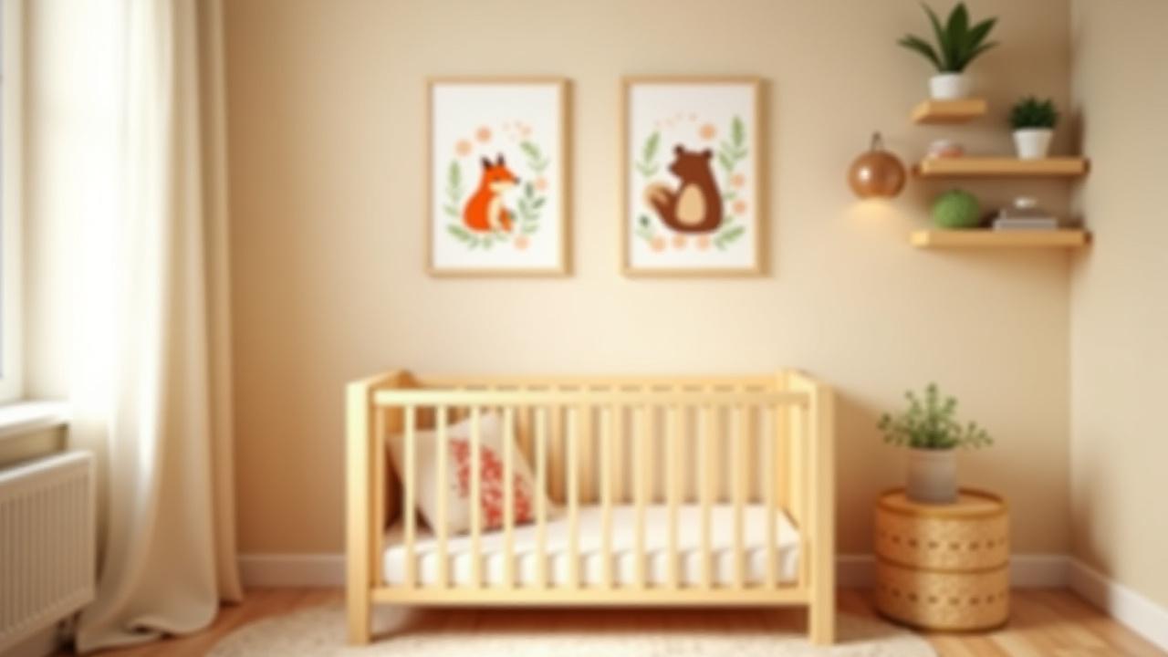 A beautifully decorated woodland-themed nursery featuring Richard T Davis illustration of friendly forest animals above a baby's crib. Soft natural light fills the room.