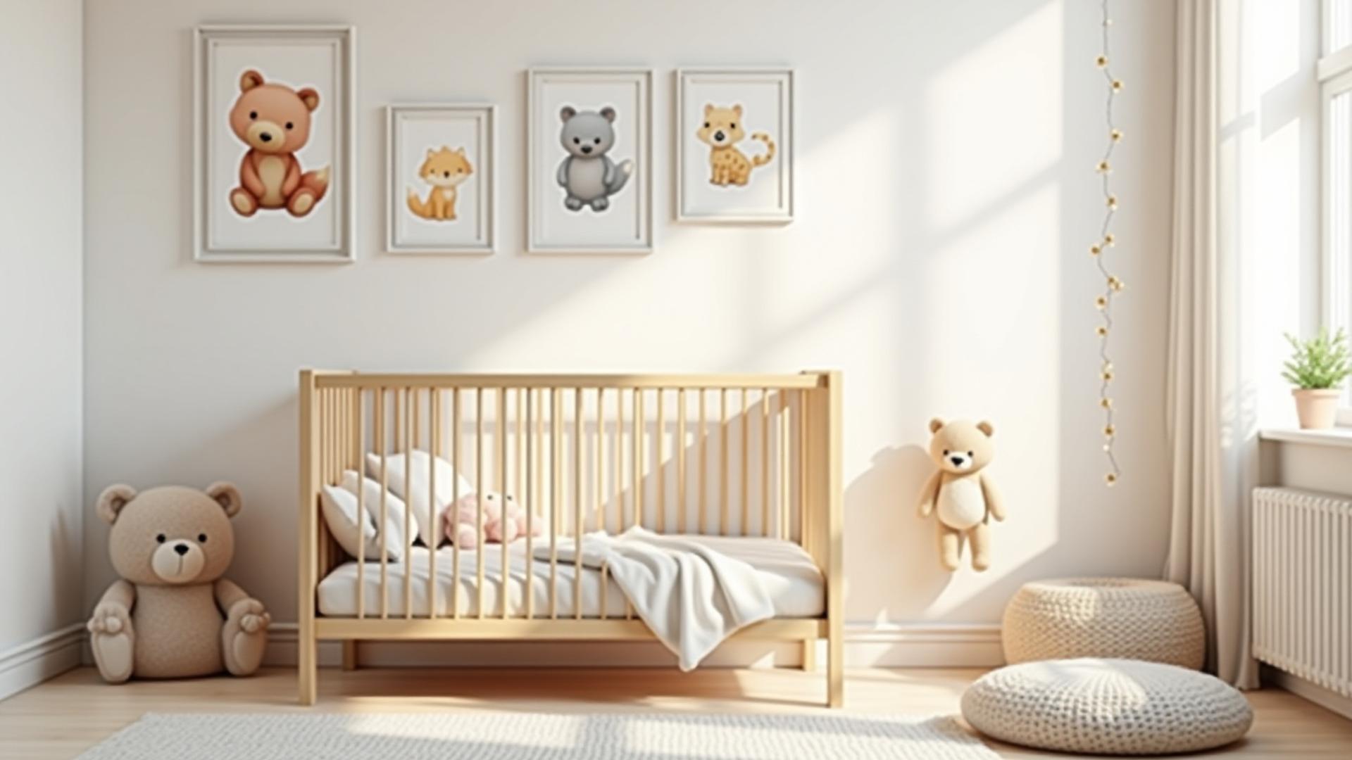 A beautifully styled nursery with soft lighting, featuring custom illustrated animal and alphabet wall art above a crib, evoking warmth and imagination.