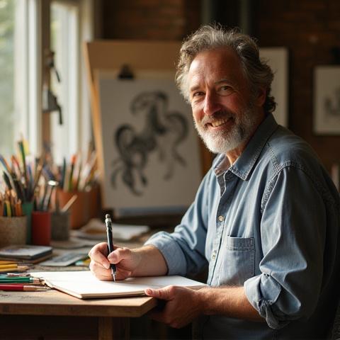 Richard T Davis, the artist, thoughtfully sketching in a comfortable studio amidst art supplies, with a warm, natural light.