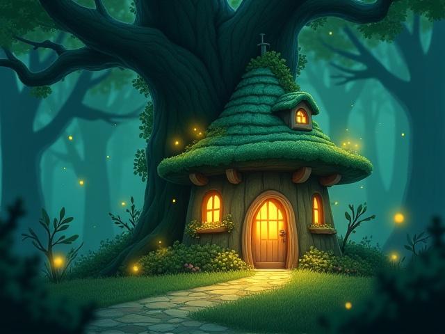 A whimsical illustration of a tiny fairy house nestled in a glowing forest, fireflies twinkling around it.