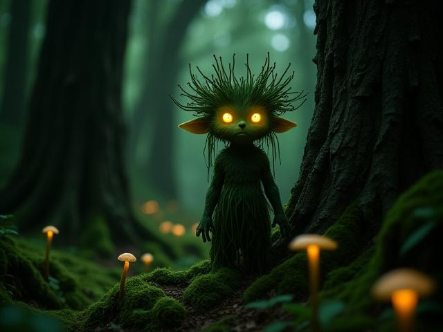 A gentle forest spirit with leafy hair and glowing eyes, surrounded by ancient trees.