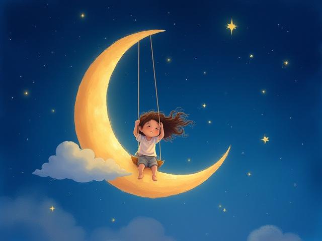 A child swinging playfully on a crescent moon amidst a star-filled sky, with soft, serene colors.