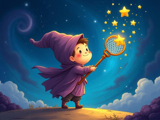 A small, curious character with a net, catching falling stars in a cosmic landscape.