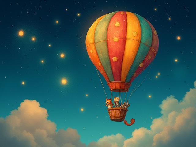 A charming, whimsical illustration of a flying airship with colorful balloons carrying playful characters through a starlit sky.